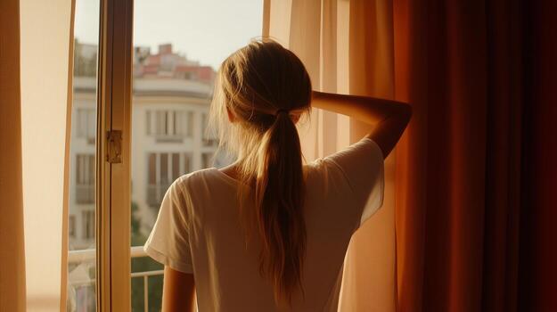 Calm woman holding a cup looking out a window